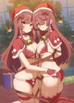  2girls absurdres ass ass_grab bell bikini blush bound bound_arms bound_together bound_wrists box breasts brown_hair capelet choker christmas_tree cleavage embarrassed front-tie_bikini_top front-tie_top fur-trimmed_capelet fur_trim gift gift_box gloves groin hair_between_eyes hat highres idolmaster idolmaster_shiny_colors long_hair looking_at_viewer medium_breasts multiple_girls navel osaki_amana osaki_tenka red_bikini red_capelet red_choker red_gloves red_thighhighs santa_bikini santa_costume santa_hat siblings sisters smile swept_bangs swimsuit thighhighs thighs twins wanimaru yellow_eyes 