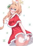  1girl absurdres animal_ears ass blue_archive blue_eyes blush cat_ears commentary_request covering_ass covering_privates emimeku gloves hair_between_eyes hair_ornament halo headband highres long_hair looking_at_viewer santa_costume simple_background solo white_background 