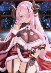  1girl bare_shoulders black_garter_straps black_gloves blue_eyes blush braid breasts christmas cleavage draph dress fur-trimmed_dress fur-trimmed_sleeves fur_trim garter_straps gloves granblue_fantasy hair_ornament hair_over_one_eye highres hilda_sakura holly_hair_ornament horns large_breasts leotard long_hair looking_at_viewer narmaya_(granblue_fantasy) narmaya_(holiday)_(granblue_fantasy) official_alternate_costume pink_hair pointy_ears pom_pom_(clothes) santa_dress see-through see-through_leotard single_braid smile snowman_hair_ornament solo thighhighs thighs very_long_hair 