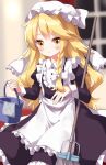  1girl alternate_costume apron black_dress blonde_hair blush bucket commentary_request dress enmaided hat highres holding holding_mop indoors juliet_sleeves kirisame_marisa long_hair long_sleeves maid mob_cap mop open_mouth puffy_sleeves ruu_(tksymkw) solo touhou very_long_hair waist_apron white_apron white_headwear yellow_eyes 