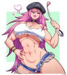  1girl abs absurdres bare_shoulders big_hair black_choker black_headwear blue_eyes blue_shorts breasts choker cleavage crop_top denim denim_shorts hair_between_eyes hat highres holding holding_whip large_breasts long_hair looking_at_viewer midriff muscular muscular_female navel peaked_cap pink_hair pink_nails poison_(final_fight) riding_crop short_shorts shorts simmsy smile street_fighter street_fighter_v tank_top 