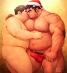  2boys ass bara big_belly blush body_fur briefs bulge christmas clothed_male_nude_male couple dark-skinned_male dark_skin erection erection_under_clothes face-to-face fat feet_out_of_frame foreplay hat highres imminent_kiss interracial large_pectorals long_sideburns male_focus male_pubic_hair male_underwear male_underwear_pull mature_male multiple_boys muscular muscular_male nude od_(odn_ya_2) pectorals penis penis_peek plump protagonist_5_(housamo) pubic_hair red_headwear santa_hat short_hair sideburns tetsuox_(housamo) thick_eyebrows thighs tokyo_afterschool_summoners underwear undressing yaoi 