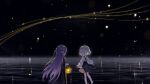  2girls :d black_cloak black_footwear black_skirt blue_bow blue_eyes bow cloak commentary criss-cross_suspenders facing_another feet_out_of_frame grey_hair hair_bow highres holding holding_lantern horizon lantern long_hair long_sleeves looking_at_another mechuragi multiple_girls night night_sky ocean original outdoors puffy_long_sleeves puffy_sleeves purple_hair shirt shoes short_hair skirt sky sleeves_past_wrists smile socks standing star_(sky) starry_sky suspender_skirt suspenders two_side_up very_long_hair white_shirt white_socks 