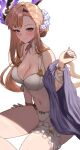  1girl asymmetrical_bangs bare_shoulders bikini blush braid braided_bun breasts bridal_garter brown_hair choker cleavage closed_mouth commentary_request flower granblue_fantasy hair_bun hair_flower hair_ornament hand_up highres invisible_chair large_breasts light_brown_hair long_hair looking_at_viewer navel saru_(pixiv13751598) shawl simple_background sitting smile solo swimsuit tweyen_(eternal&#039;s_summer_vacation)_(granblue_fantasy) tweyen_(granblue_fantasy) very_long_hair white_background white_bikini 