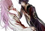  2boys blood blood_in_hair blood_on_clothes blood_on_face blood_on_hands fuislecdo hands_up hatsutori_hajime highres long_hair long_sleeves male_focus multiple_boys pink_hair purple_eyes purple_hair purple_robe robe saibou_shinkyoku shirt short_hair simple_background smile stole utsugi_noriyuki white_background white_shirt 