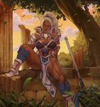  1girl armor armored_boots boots column commission commissioner_upload dark-skinned_female dark_skin fire_emblem fire_emblem_engage gauntlets grass greaves highres leg_up lewdpala looking_at_viewer muscular muscular_female naked_armor no_panties pelvic_curtain pillar ponytail saphir_(fire_emblem) sitting solo steam sunset sweat thick_thighs thighs tree white_hair 
