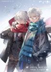  2boys absurdres bishounen blue_eyes coat cumcmn dante_(devil_may_cry) devil_may_cry_(series) devil_may_cry_3 hair_between_eyes hair_slicked_back highres jacket long_hair looking_at_viewer male_focus multiple_boys non-web_source siblings smile snow snowflakes vergil_(devil_may_cry) white_hair winter_clothes winter_uniform 
