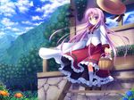  :3 basket black_bow black_ribbon blush bow eyebrows_visible_through_hair flower hair_ribbon hat holding holding_basket kneehighs long_hair looking_away original psyche3313 purple_eyes purple_hair red_ribbon red_skirt ribbon skirt smile solo white_legwear 