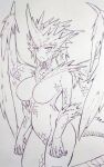  1girl breasts closed_mouth commentary_request copyright_request dragon_girl dragon_tail dragon_wings highres large_breasts looking_at_viewer medium_hair monochrome monster_girl nude scales solo standing tail traditional_media tsukareta_san wings 