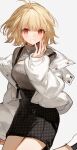  1girl arcueid_brunestud blonde_hair blush chocoan highres jacket looking_at_viewer plaid red_eyes short_hair smile solo tsukihime 