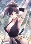  1girl absurdres armband armpits bare_shoulders black_hair breasts brown_eyes cleavage closed_mouth collarbone commentary_request cowboy_shot facing_viewer hand_in_own_hair high_ponytail highres holding japanese_clothes jigokuraku katana kunai large_breasts light_rays long_hair looking_to_the_side ninja oekakissaerizoh ponytail sash sheath short_hair side_slit smile solo sword tree weapon yuzuriha_(jigokuraku) 