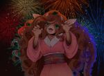 anthro brown_body brown_hair clothed clothing dragon eyelashes fangs female fireworks front_view glistening glistening_eyes green_eyes hair half-length_portrait hi_res looking_at_viewer open_mouth pink_clothing pink_tongue portrait short_hair solo sonyan tan_body teeth tongue