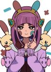  1girl arched_bangs brown_footwear dot_nose eyelashes gloves hairband highres ida_(idalol490) lacey_(pokemon) looking_at_viewer medium_hair minun plusle pokemon pokemon_(creature) pokemon_sv purple_hair red_gloves smile smug upper_body white_background yellow_hairband 