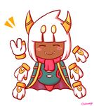  3_fingers 6_hands brown_skin cape chabooey closed_smile clothing curved_horn eyes_closed floating_hands horn kirby_(series) nintendo rosy_cheeks scarf simple_background smile stinger taranza video_games white_background yellow_eyes 