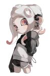  1girl absurdres black_shorts closed_mouth cowboy_shot earrings gradient_hair highres jewelry long_hair multicolored_hair myon_rio octoling octoling_girl red_eyes red_hair short_shorts shorts solo splatoon_(series) tentacle_hair two-tone_hair white_background white_hair white_trim 