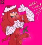 abs absurd_res anthro bacon_sama balls big_penis blush christmas christmas_clothing christmas_headwear clothing foreskin genitals hat headgear headwear hi_res holidays huge_penis knuckles_the_echidna looking_at_viewer male mistletoe muscular muscular_male penis plant pubes santa_hat sega solo sonic_the_hedgehog_(series) tongue tongue_out