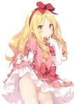 :&lt; blonde_hair blush bow bowtie brown_eyes commentary_request contrapposto dress dress_lift drill_hair eromanga_sensei eyebrows_visible_through_hair finger_to_face hair_bow hairband layered_dress layered_sleeves lifted_by_self long_hair long_sleeves panties pantyshot pantyshot_(standing) peko pink_dress pink_panties pointy_ears puffy_short_sleeves puffy_sleeves red_bow red_eyes red_hairband red_neckwear sash shiny shiny_hair short_over_long_sleeves short_sleeves simple_background solo standing tareme thighhighs thighs underwear upskirt white_background white_bow white_legwear yamada_elf 