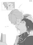  2boys artist_name chinese_clothes chongyun_(genshin_impact) commentary dotcircledot english_commentary genshin_impact greyscale hair_between_eyes highres kiss male_focus monochrome multiple_boys simple_background sketch surprise_kiss surprised xingqiu_(genshin_impact) yaoi 