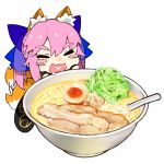  1girl :3 :d animal_ear_fluff animal_ears blue_ribbon bowl chibi eyebrows_visible_through_hair eyes_closed facing_viewer fate/extra fate/extra_ccc fate_(series) food food_request fox_ears fox_tail hair_ribbon heart heart_in_mouth highres kou_mashiro open_mouth pink_hair ribbon simple_background smile solo spoon tail tail_wagging tamamo_(fate)_(all) tamamo_no_mae_(fate) white_background 