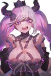  1girl :d ? absurdres black_crown black_horns breasts clenched_hands closed_mouth collarbone crown flower hair_flower hair_ornament hands_up highres horns large_breasts master_detective_archives:_rain_code pink_hair purple_eyes shinigami_(rain_code) shiny_skin smile solo su_7_meri sweat teeth white_background 