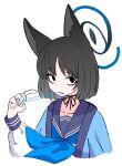  1girl animal_ear_fluff animal_ears black_eyes black_hair blue_archive blue_neckerchief cat_ears choker clenched_teeth dot_nose dr_yamero halo hand_up haori highres japanese_clothes kikyou_(blue_archive) long_sleeves looking_at_viewer neckerchief open_mouth ribbon_choker sailor_collar shirt short_hair simple_background solid_eyes solo string string_in_mouth teeth upper_body white_background white_shirt 