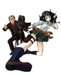  1boy 1girl absurdres betofu black_hair blue_socks brown_eyes clothes_around_waist commission coppelion crossover english_commentary fingerless_gloves flying_kick gloves green_skirt grey_hair highres holster kicking kneehighs loafers long_hair miniskirt movie_camera name_connection naruse_ibara naruse_mikio necktie old old_man open_mouth pale_skin pleated_skirt real_life_insert recording red_necktie school_uniform second-party_source shirt shoes simple_background sitting skirt sleeves_rolled_up socks striped_necktie suit thigh_holster thumbs_up vest white_background white_shirt 