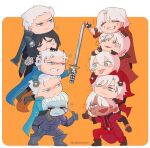  black_gloves blue_eyes brothers chibi coat dante_(devil_may_cry) dark-skinned_male dark_skin devil_may_cry_(series) devil_may_cry_1 devil_may_cry_2 devil_may_cry_3 devil_may_cry_4 devil_may_cry_5 fingerless_gloves gloves holding holding_weapon jacket long_hair male_focus multiple_boys nelo_angelo rabiadraw red_coat siblings smile sword thumbs_up vergil_(devil_may_cry) weapon white_hair yamato_(sword) 