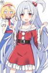  2girls :d alice_margatroid alternate_costume bare_shoulders belt black_belt blue_eyes blush christmas collarbone e.o. grey_hair hair_bobbles hair_ornament hairband highres long_hair long_sleeves looking_at_viewer multiple_girls one_side_up open_mouth red_hairband santa_costume shinki_(touhou) simple_background smile standing touhou touhou_(pc-98) very_long_hair white_background wide_sleeves 