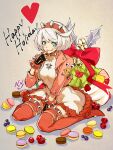  1girl :p ahoge black_gloves blue_eyes blueberry boots bracelet breasts clover collar dress elphelt_valentine fingerless_gloves food four-leaf_clover frilled_dress frills fruit gloves guilty_gear guilty_gear_strive hairband happy_holidays highres huge_ahoge jacket jewelry kujou_non large_breasts looking_at_viewer macaron pink_dress pink_footwear pink_hairband pink_jacket short_hair sitting skull_print smile spiked_bracelet spiked_collar spiked_hairband spikes strawberry thigh_boots tongue tongue_out two-tone_dress wariza white_dress white_hair 