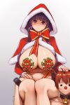  1boy 1girl absurdres antlers bow bowtie breasts capelet cut_bangs dated fern_(sousou_no_frieren) highres huge_breasts long_hair looking_at_viewer petting purple_eyes purple_hair qingmingtongzi red_hair red_nose reindeer_antlers revealing_clothes ribbon_censor santa_hood short_hair simple_background sitting_on_shoulder solo_focus sousou_no_frieren stark_(sousou_no_frieren) 