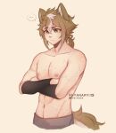  ... 1boy animal_ears anyanary black_sleeves brown_hair closed_mouth crossed_arms dog_boy dog_ears dog_tail genshin_impact gorou_(genshin_impact) grey_pants hair_between_eyes highres male_focus multicolored_hair muscular muscular_male navel nipples pants scar solo stomach streaked_hair tail topless_male white_hair 