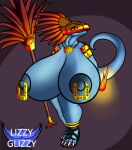2023 absurd_res anthro areola armor big_areola big_breasts big_nipples biped black_clothing blue_areola blue_body blue_nipples blue_scales blue_tail breasts brown_clothing claws clothing digital_drawing_(artwork) digital_media_(artwork) elemental_manipulation female fire fire_manipulation headgear helmet hi_res holding_object huge_areola huge_breasts huge_hips huge_nipples huge_thighs hyper hyper_breasts lizard lizzyglizzy looking_at_viewer nipple_piercing nipples piercing red_clothing reptile scales scalie solo tail thick_thighs watermark white_claws yellow_clothing yellow_eyes