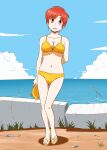  1girl arms_behind_back bag bikini breasts brown_eyes cloud cloudy_sky earrings full_body grass highres holding holding_bag jewelry looking_at_viewer maruko_maruko morinaka_hajime ocean outdoors parted_lips partially_submerged red_hair sandals short_hair sky smile solo standing swimsuit utility_pole yellow_bag yellow_bikini yellow_footwear yokohama_kaidashi_kikou 