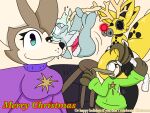 ambiguous_gender anthro antlers avian bird black_body black_skin blue_body blue_eyes blue_skin brown_body brown_feathers brown_fur canid canine canis cetacean christmas christmas_clothing christmas_jumper clothing dolphin echo_(fennicdafox) fake_antlers feathers female fennec fennic_(fennicdafox) fennicdafox finni_(fennicdafox) flippers fox fur furniture gas_mask glowing glowing_nose green_clothing group hair hazmat_suit hazmat_suit_creature hi_res holidays horn hummingbird long_beak looking_at_viewer looking_shocked mammal marine mask northwestern_wolf purple_clothing purple_eyes red_clothing red_nose slipping sofa stool_(chair) tinsel toothed_whale translucent translucent_hair whisper_(fennicdafox) winged_arms wings wolf yellow_body yellow_skin