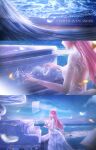  1girl 3d absurdres bare_back chinese_commentary cloud commentary_request crown dawn day dress elbow_gloves english_text feathers gloves grand_piano highres instrument light_particles lips lipstick long_hair makeup music nikki_(miracle_nikki) ocean official_art outdoors piano piano_keys pink_hair playing_instrument playing_piano purple_eyes sheet_music shining_nikki solo white_dress white_gloves wind 