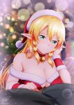  1girl 1other ambiguous_gender arm_warmers bell blonde_hair blurry blurry_foreground breasts christmas christmas_present christmas_tree christmas_tree_hair_ornament cleavage collar elf fairy_(sao) fur-trimmed_headwear fur_trim gift green_eyes hair_ornament hat highres ken-ji kirito leafa long_hair neck_bell pointy_ears red_arm_warmers santa_hat signature smile sparkle sword_art_online twitter_username very_long_hair 