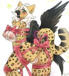 anthro areola avian biped bird breasts cheetah feathers felid feline female fumonpaw fur genitals hi_res hybrid looking_at_viewer looking_back mammal nipples pussy simple_background solo spots spotted_body spotted_fur white_background wings