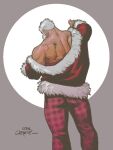  1boy artist_request ass bara bare_back beard christmas contrapposto facial_hair facing_away feet_out_of_frame from_behind full_beard hat jacket male_focus mature_male muscular muscular_male open_clothes open_jacket original red_headwear santa_claus santa_costume santa_hat short_hair solo standing thick_beard two-tone_background undressing white_hair 