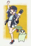  1girl baseball_cap casey_(pokemon) chikorita door_scope hat highres holding long_hair open_mouth pokemon pokemon_(anime) pokemon_(creature) purple_hair shorts twintails 