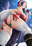  1girl absurdres armlet ass breasts fate/grand_order fate_(series) fur-trimmed_headwear fur-trimmed_skirt fur_trim gloves hat highres holding large_breasts long_hair minamoto_no_raikou_(fate) panties purple_eyes purple_hair red_gloves red_panties sack santa_hat skirt smile solo thighhighs thighs underwear very_long_hair white_thighhighs yoshio_(55level) 
