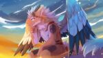 16:9 anthro blue_eyes brown_markings cheek_tuft chest_tuft cloud dragon facial_tuft fangs feathered_wings feathers fur furred_dragon hi_res inner_ear_fluff kuttoyaki male markings mouth_closed neck_tuft nude orange_body orange_fur outside pawpads pink_pawpads sitting solo teeth tuft white_body white_feathers white_fur white_inner_ear_fluff white_wings widescreen wings