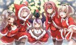  5girls :d :p absurdres alternate_costume animal_on_head bird bird_on_head black_hair blonde_hair blowing_kiss blue_eyes blurry blurry_background blush brown_gloves brown_pantyhose capelet commentary_request crow_(la+_darknesss) demon_girl demon_horns dress fur-trimmed_capelet fur-trimmed_gloves fur-trimmed_skirt fur-trimmed_sleeves fur_trim gloves grey_hair hairband hakui_koyori hand_on_own_hip hat highres hololive holox hood hooded_capelet horns huge_horns kazama_iroha la+_darknesss long_hair long_sleeves multicolored_hair multiple_girls off_shoulder on_head one_eye_closed pantyhose pink_eyes ponytail purple_eyes purple_hair reaching reaching_towards_viewer red_capelet red_eyes red_skirt sakamata_chloe santa_costume santa_dress santa_hat shorts skirt smile streaked_hair striped_horns takane_lui tenmon_(tenmon0715) test_tube tongue tongue_out virtual_youtuber yellow_eyes 