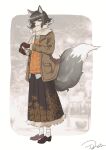  1girl absurdres animal_ears black_hair blunt_bangs brown_footwear fur_trim highres holding long_skirt long_sleeves looking_at_viewer orange_sweater pocket scarf short_hair signature skirt smile socks solo standing sweater tail tsuduminu white_socks 