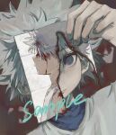  1boy absurdres blood blood_from_eyes blue_eyes dutch_angle empty_eyes expressionless from_side highres holding hunter_x_hunter killua_zoldyck long_sleeves looking_at_viewer male_focus owltea_(owlteaowltea) photo_(object) portrait sample_watermark shirt short_hair simple_background solo spiked_hair torn_paper watermark white_hair white_shirt 