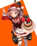  1girl 9-ga animal apron artist_name blush cake dated dress feet food food_on_face grin hair_bobbles hair_ornament hat highres kantai_collection long_sleeves official_alternate_costume one_eye_closed pink_eyes pink_hair pom_pom_(clothes) rabbit red_dress red_headwear santa_hat sazanami_(kancolle) short_hair signature smile solo thighhighs twintails v waist_apron white_apron white_thighhighs 