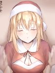  1boy 1girl absurdres alternate_costume atodashi bismarck_(kancolle) blonde_hair blush breasts christmas cleavage closed_eyes dress facing_viewer hair_between_eyes hat hetero highres holding_hands kantai_collection large_breasts long_hair meme parted_lips pov pov_cheek_warming_(meme) red_dress santa_costume santa_hat simple_background solo_focus twitter_username upper_body 