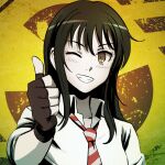  1girl absurdres black_hair brown_eyes commission coppelion english_commentary fingerless_gloves gloves grin highres long_hair looking_at_viewer naruse_ibara necktie one_eye_closed qosic radiation_symbol red_necktie school_uniform second-party_source shirt sleeves_rolled_up smile solo striped_necktie thumbs_up upper_body white_shirt yellow_background 
