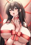 1girl absurdres ahoge azur_lane black_hair blush bow breasts elina_(eri15) hair_between_eyes highres large_breasts long_hair looking_at_viewer open_mouth red_bow red_eyes red_ribbon ribbon solo taihou_(azur_lane) tongue tongue_out upper_body 