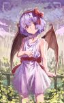  1girl absurdres bat_wings bow dress hair_bow hairband highres looking_at_viewer nature nepperoni petite purple_hair railing red_eyes red_hairband remilia_scarlet short_dress short_hair sleeveless sleeveless_dress solo touhou white_dress wings 
