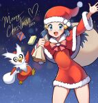  1girl 2023 :d alternate_costume arm_up blue_eyes box capelet commentary dawn_(pokemon) delibird dress eyelashes fur-trimmed_capelet fur_trim gift gift_box hair_ornament hairclip hand_up happy hat highres holding holding_sack long_hair merry_christmas mr.thunderigor night open_mouth outdoors pokemon pokemon_(creature) pokemon_dppt red_capelet red_dress red_headwear sack santa_hat smile snowing tongue 
